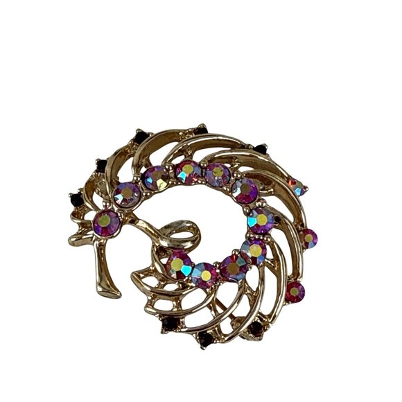 Vintage Gold Swirl Brooch AB Rhinestones Round Aurora Borealis Pin 1.75" - Picture 4 of 8